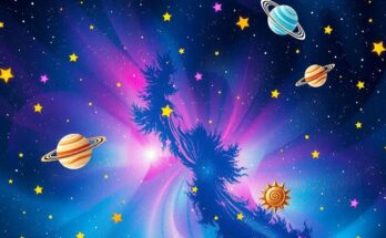 Celestial background with astrological symbols and vibrant colours representing different zodiac signs.