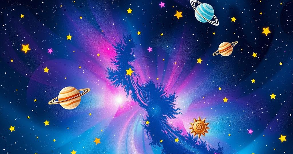 Celestial background with astrological symbols and vibrant colours representing different zodiac signs.