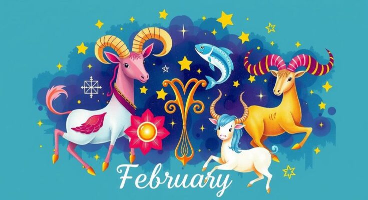 Colourful zodiac signs representing horoscopes for February, showcasing Aries, Pisces, Taurus, and others.