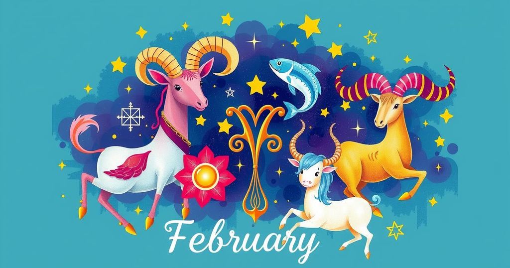Colourful zodiac signs representing horoscopes for February, showcasing Aries, Pisces, Taurus, and others.