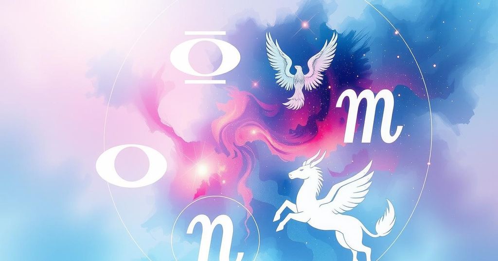 A serene astrological scene featuring zodiac symbols, a starry night sky, and soft pastel colours.