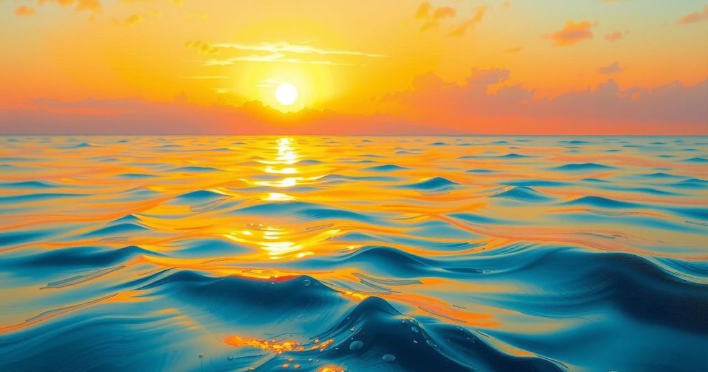 A calm scene with a glowing saffron sunrise over a tranquil ocean, symbolizing positive energy and optimism.