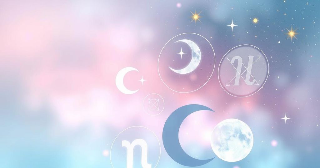 Artistic representation of astrological symbols with a dreamy cosmic background and pastel colours.