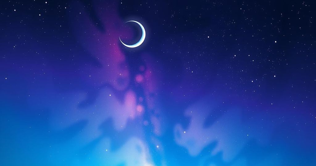 A celestial scene with a Sagittarius moon, vibrant colours, inspiring peace and reflection, evoking astrology's influence.