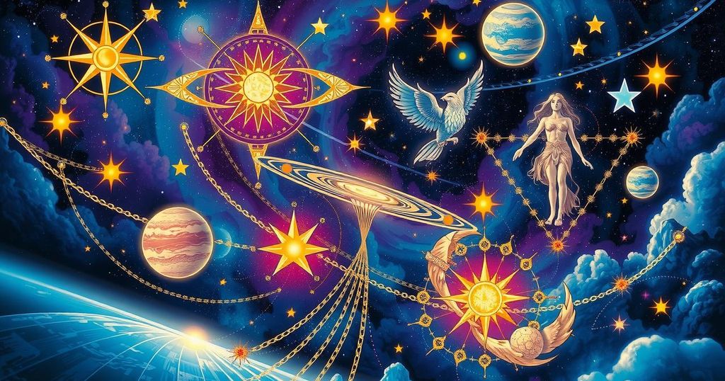 Astrological symbols and vibrant cosmic elements representing the diverse zodiac signs' energies and transformations.