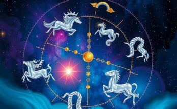 A vibrant astrological theme with zodiac signs, celestial elements, and cosmic colours in a lively composition.