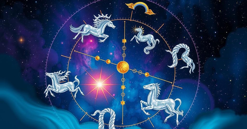 A vibrant astrological theme with zodiac signs, celestial elements, and cosmic colours in a lively composition.