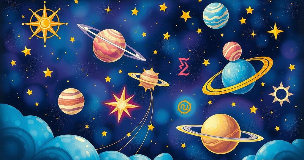 Astrological symbols and celestial bodies in a cosmic setting, featuring vibrant colours and a mystical atmosphere.