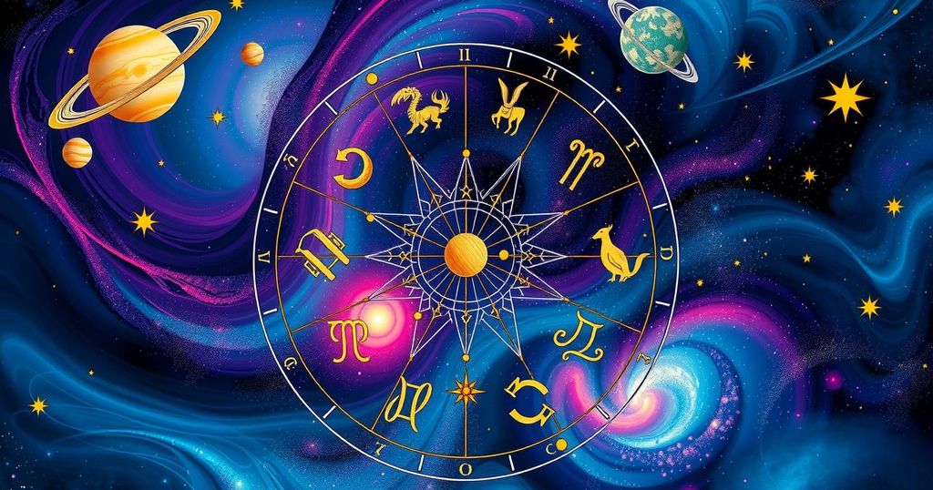 Astrological zodiac symbols with celestial motifs in a vibrant cosmic colour scheme.