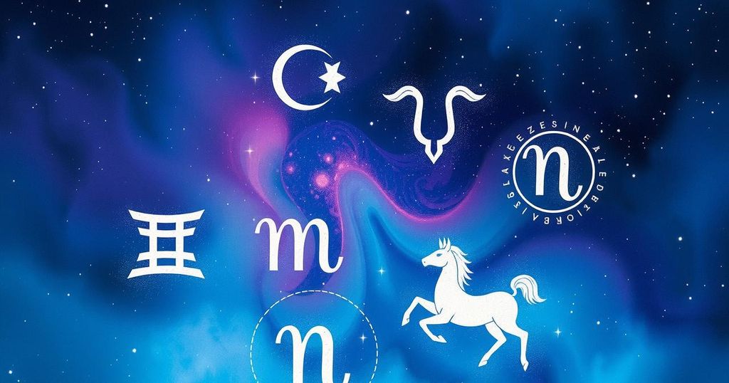 Celestial zodiac with astrological symbols against a cosmic background of stars and vibrant colours.