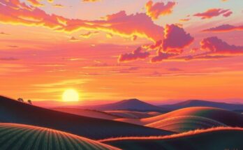 A serene landscape with rolling hills at sunset, symbolising reflection and emotional growth through vibrant colours.