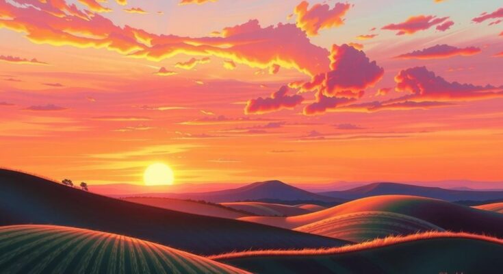 A serene landscape with rolling hills at sunset, symbolising reflection and emotional growth through vibrant colours.