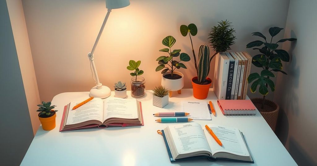 A serene workplace atmosphere with plants, stationery, and a warm colour palette symbolizing career growth and opportunity.
