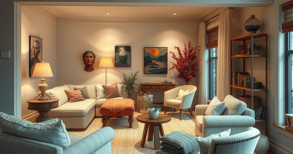 A serene home setting with warm light, artistic decor, and inviting furniture, perfect for relaxing or entertaining.