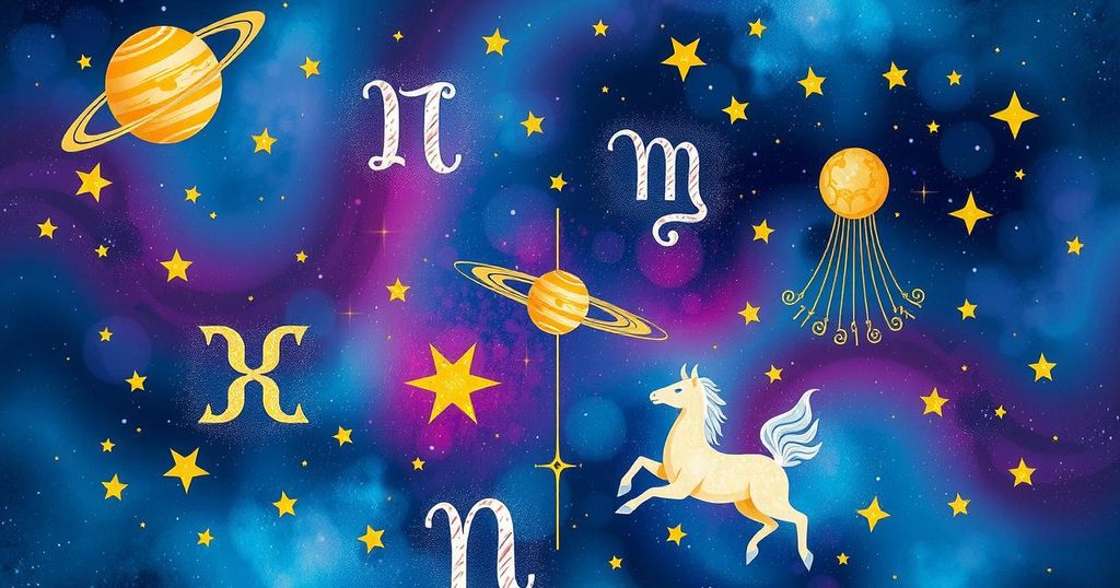 A vibrant astrology-themed illustration featuring celestial elements, zodiac symbols, and a colorful cosmic background.