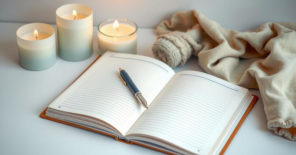 A serene workspace with a calming atmosphere, showcasing a notebook, pen, and meditative items for inspiration.