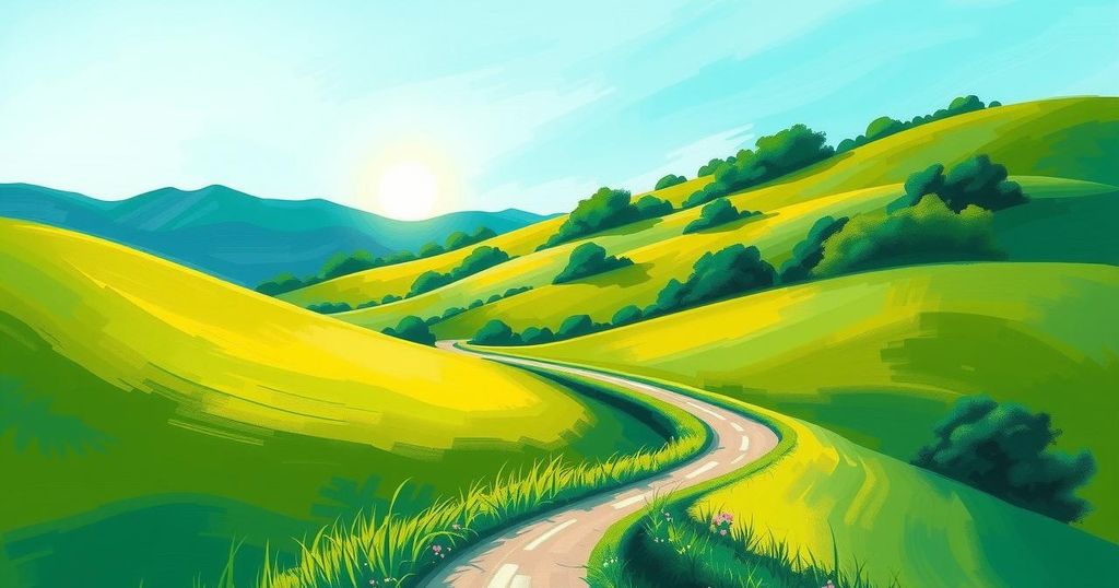 A serene landscape featuring a winding path through lush greenery under a clear blue sky, representing personal growth.