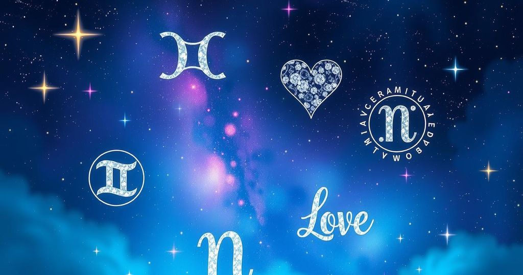 Astrological symbols, stars, and a mystical night sky representing love horoscopes