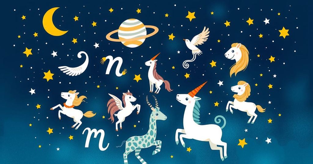 A whimsical illustration of the zodiac signs in a starry sky, using vibrant colours and playful elements.
