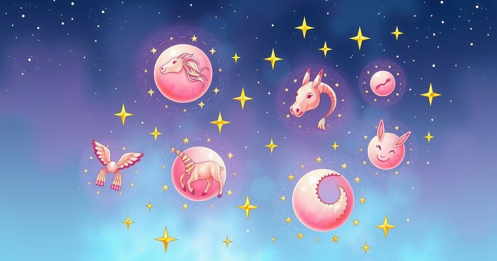 Illustration of zodiac symbols with bright celestial backgrounds in soft pastels, evoking astrological themes.