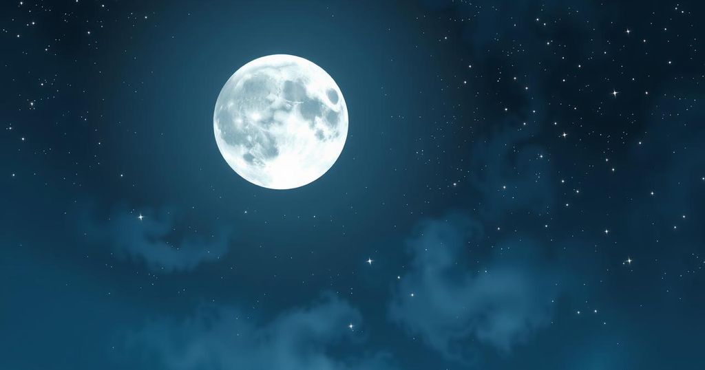 A celestial scene featuring a bright full moon in Libra illuminating a serene night sky filled with stars.