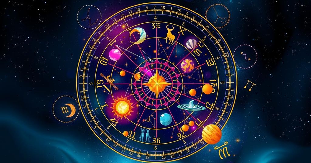 A vibrant astrological wheel with zodiac signs, colourful constellations, and celestial elements representing horoscopes.