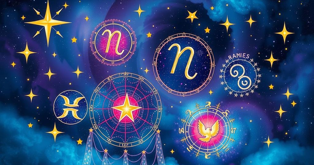Astrological symbols with shining stars and cosmic hues, representing positive horoscopes for zodiac signs.