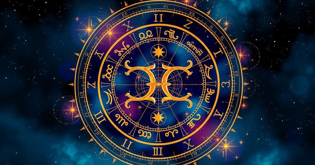 A zodiac wheel with Gemini symbol, vibrant colours and mystical stars depicting astrology themes and celestial guidance.