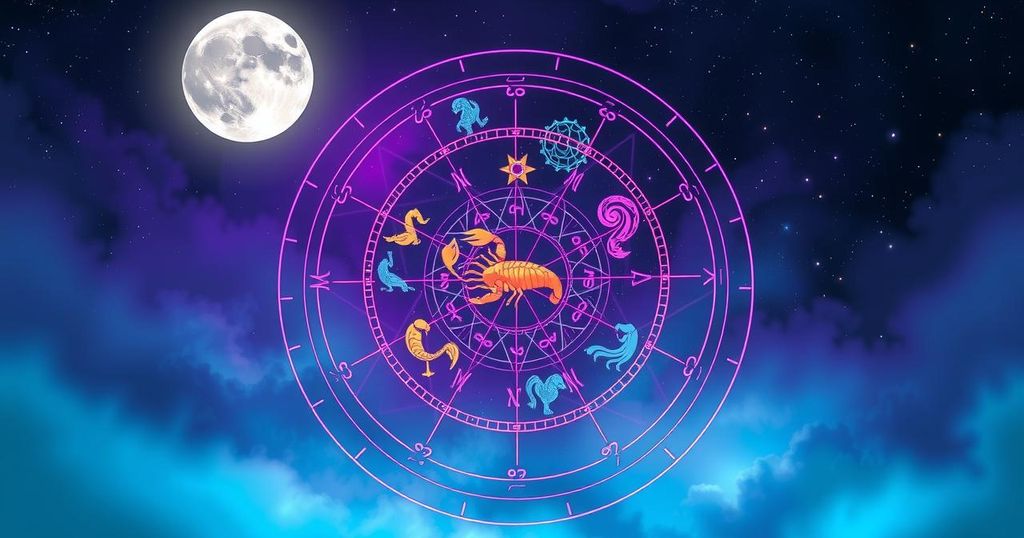 Astrological symbols with a zodiac wheel and a Scorpio full moon in a night sky, featuring pastel colour schemes and soft gradients.