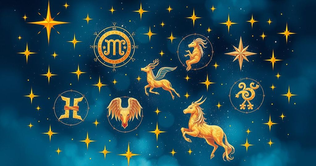 Celestial scene depicting zodiac symbols and stars representing horoscopes and astrology.