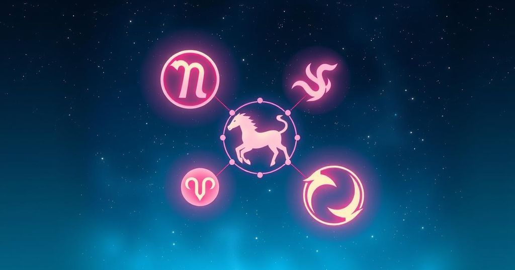 Celestial imagery showing five zodiac symbols interconnected with calm starry background and soothing blue colours.