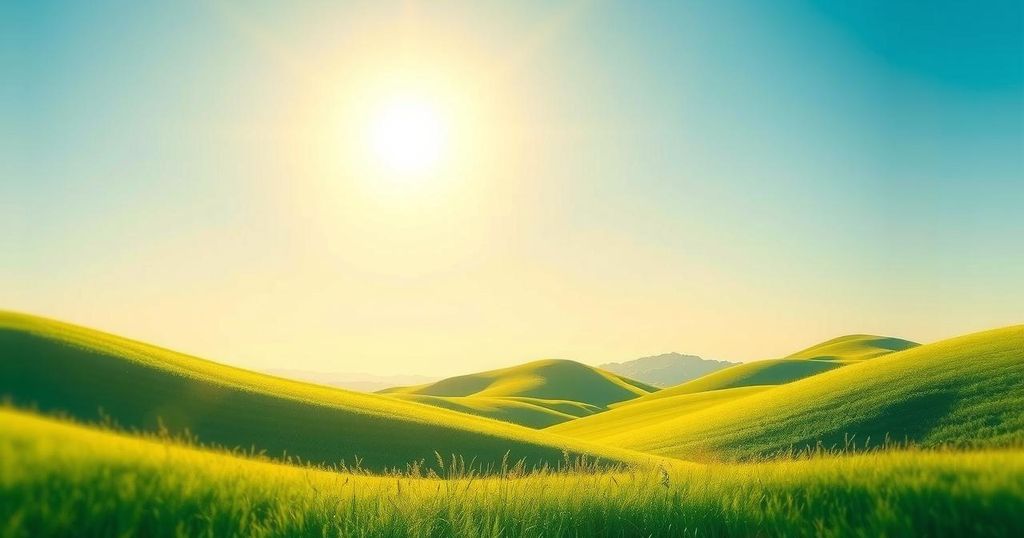 A vibrant sun shining over a serene landscape, symbolising high morale and positivity for Leos.