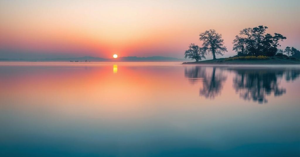 A serene landscape featuring a calming light pink sunset over a tranquil lake, representing peace and discipline.
