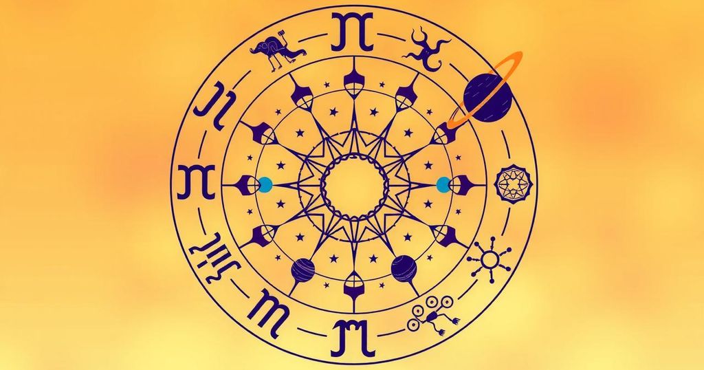 Astrological symbols surrounded by a celestial design with a warm colour palette depicting the zodiac signs.