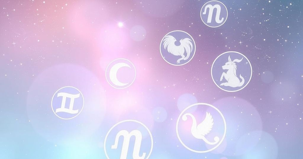 Astrological symbols representing love horoscopes with a celestial background in soft pastels and shimmering lights.