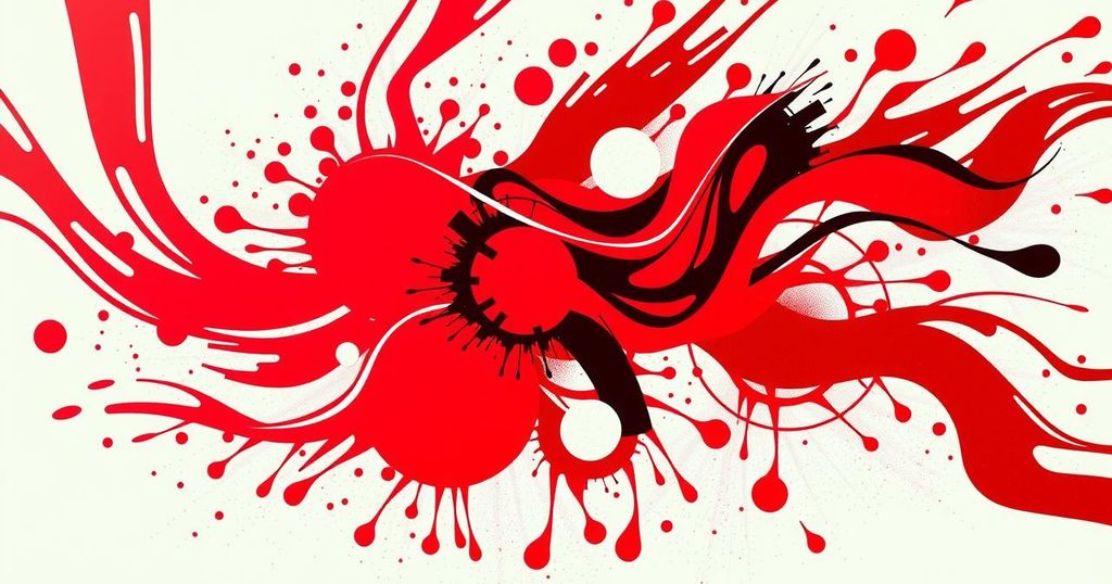 A vibrant colour palette featuring red hues, symbolising high energy and positivity with abstract shapes representing Aries.