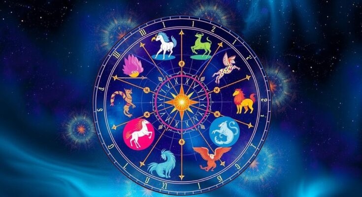 Zodiac wheel featuring symbols of each zodiac sign with vibrant colours and starry background