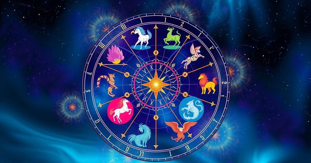 Zodiac wheel featuring symbols of each zodiac sign with vibrant colours and starry background
