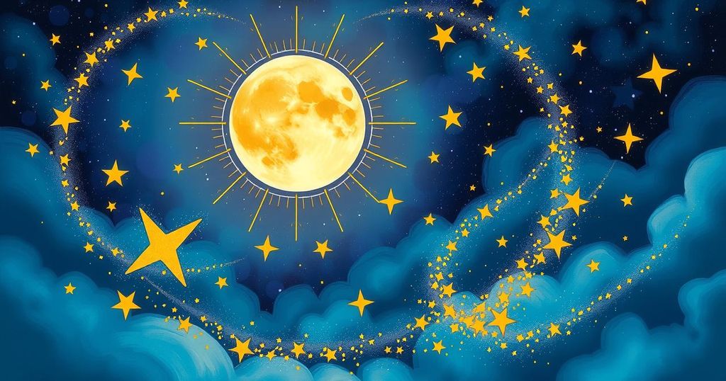 A colourful celestial scene with a vibrant moon and energetic star bursts, symbolising emotions and connections.