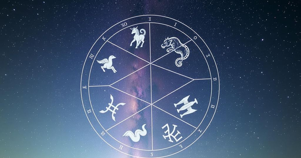 Zodiac symbols depicted on a celestial background with starry patterns in muted pastel colours to represent self-discovery.