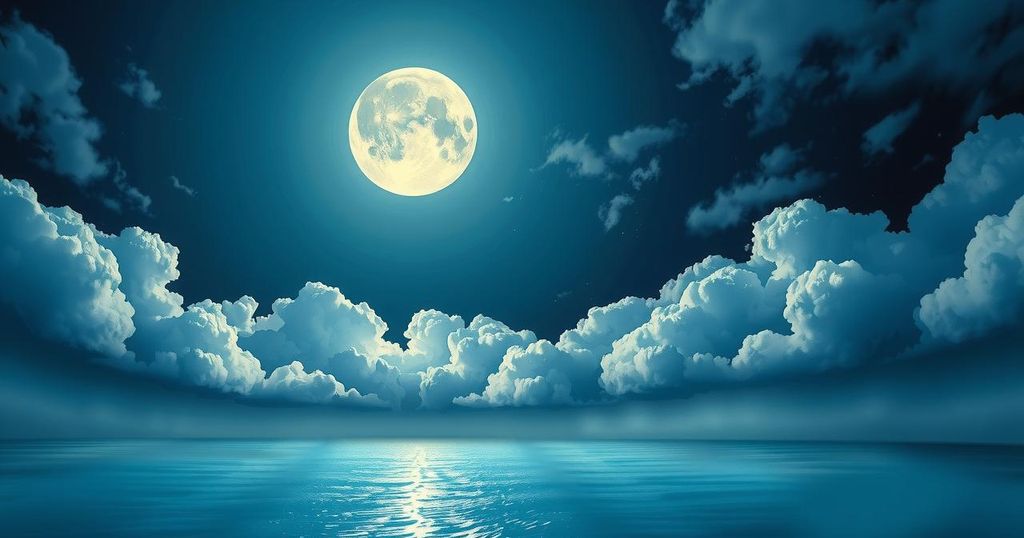 Mystical Full Moon illuminating a night sky with deep blue and silver tones, representing love and transformation.