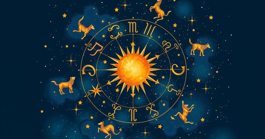 Celestial scene with stars, zodiac signs, and a radiant sun representing horoscopes and cosmic influences.