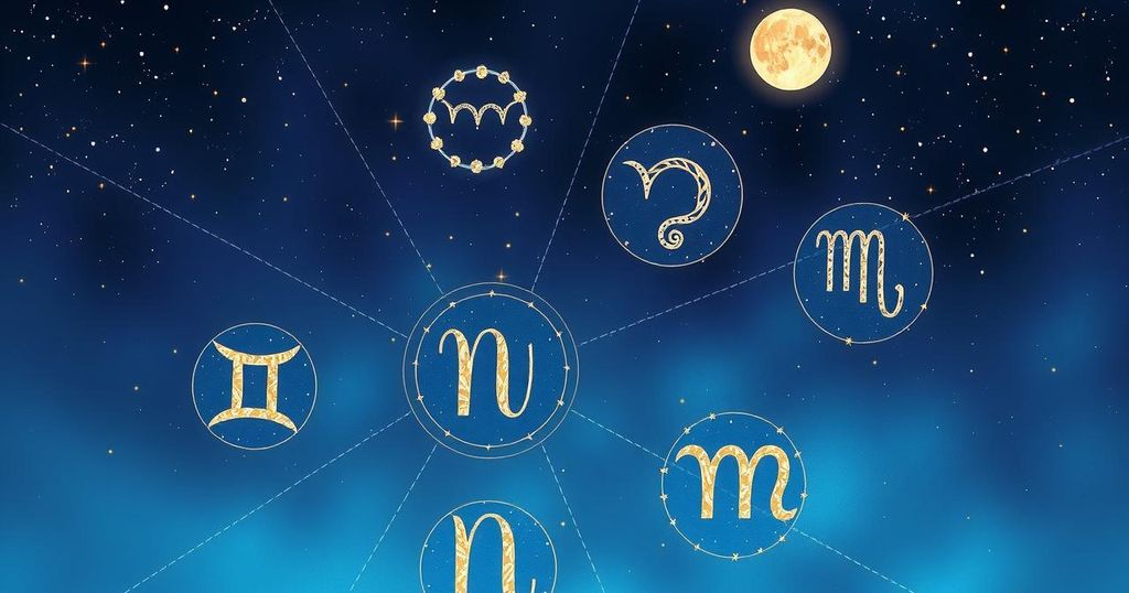Astrological symbols representing zodiac signs set against a celestial background with a starry night sky.