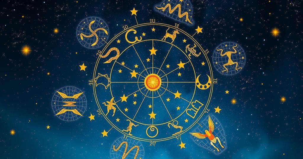 A starry night sky with zodiac symbols and celestial patterns in dark blue and gold hues.