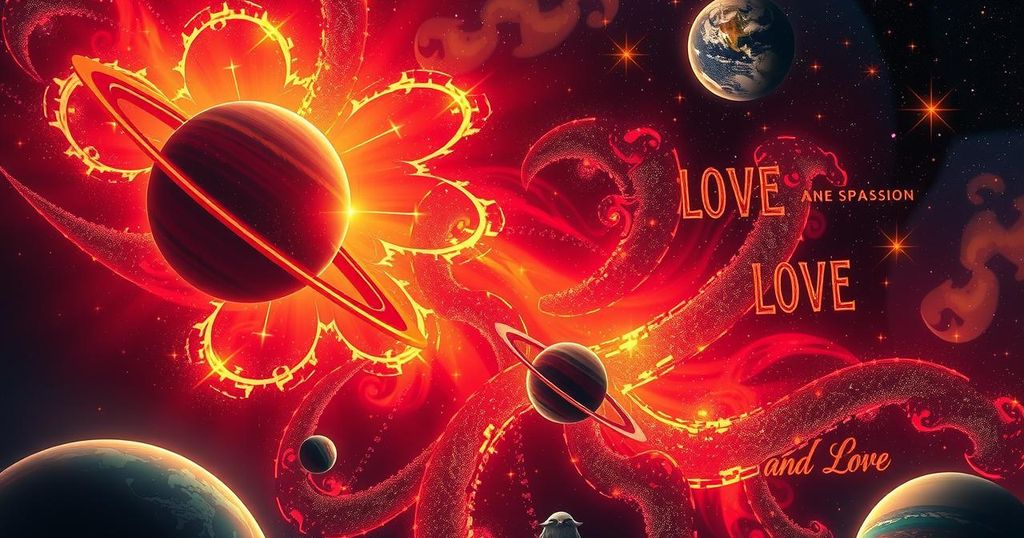 Cosmic alignment with bright stars and planets representing astrological vibes of romance and passion.