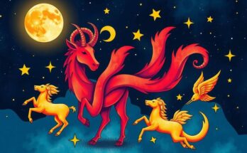 Bold and colourful zodiac symbols representing love horoscopes under an Aries moon backdrop.