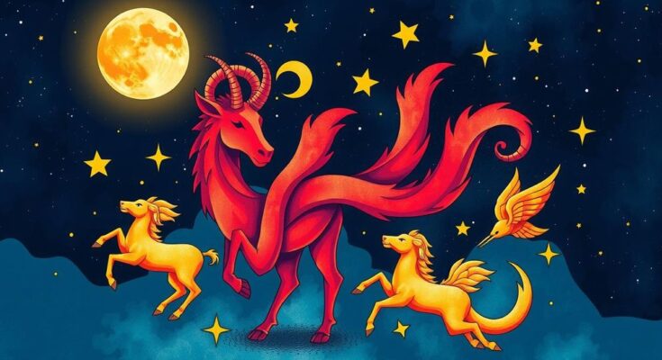Bold and colourful zodiac symbols representing love horoscopes under an Aries moon backdrop.