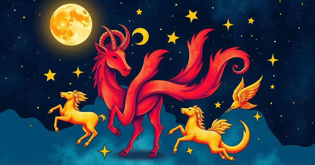 Bold and colourful zodiac symbols representing love horoscopes under an Aries moon backdrop.