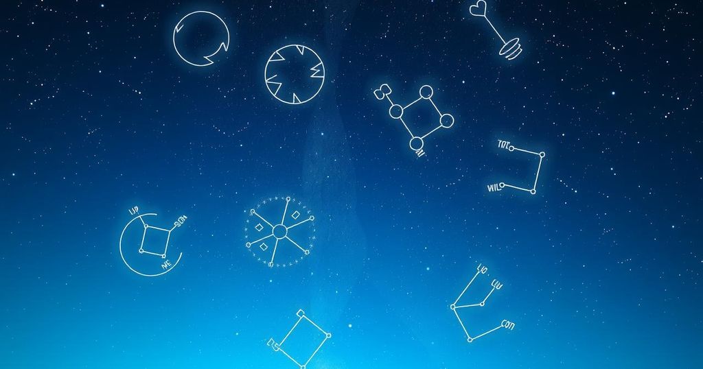 Night sky with zodiac constellations, twinkling stars, and calming blue shades symbolizing love and astrology.