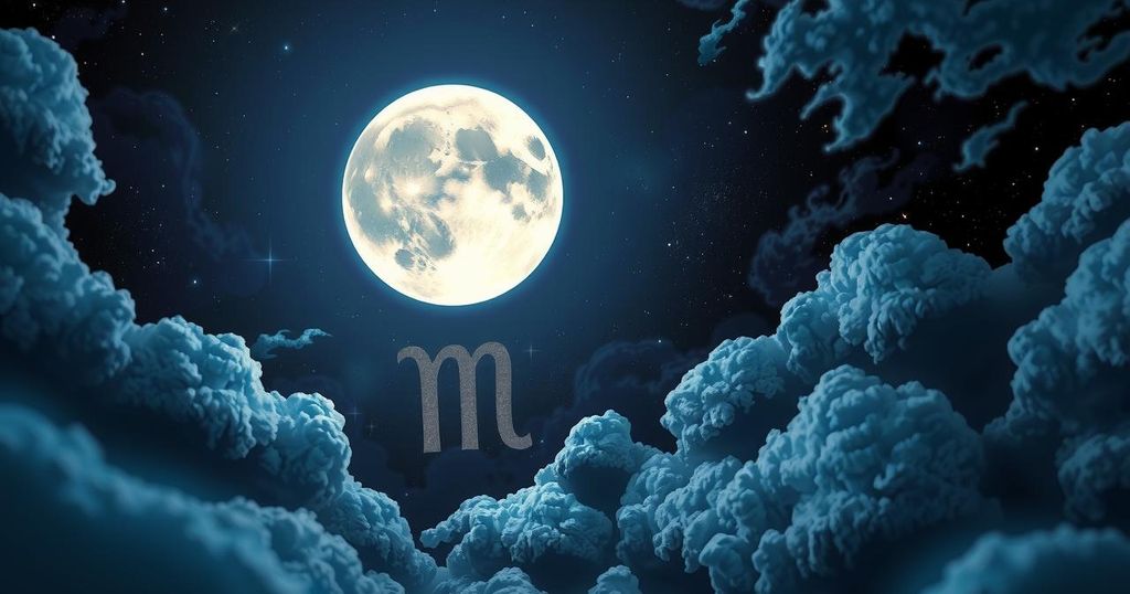 Illustration of a starry night sky with a glowing full moon in Scorpio, surrounded by dark clouds and astrology symbols.